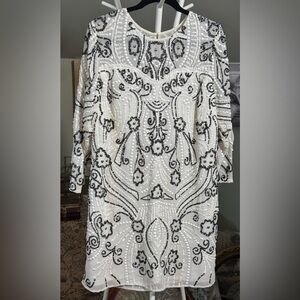 EUC Shail K Beaded 3/4 Sleeve Black/White Dress One of a Kind Lined Stunning!